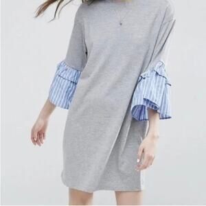 LNV Pinstripe Ruffle Accent Sleeve Beach Dress